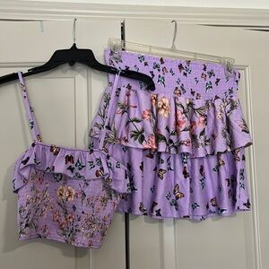 Cute 2Pc Matching Set - Spaghetti Straps Crop Top w Ruffle Skirt